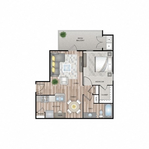 Floor plan for 1 bed, 1 bath, 735 sqft